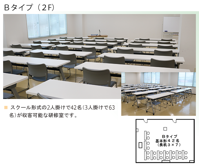 スクール形式の2人掛けで42名（3人掛けで63名）が収容可能な研修室です。 